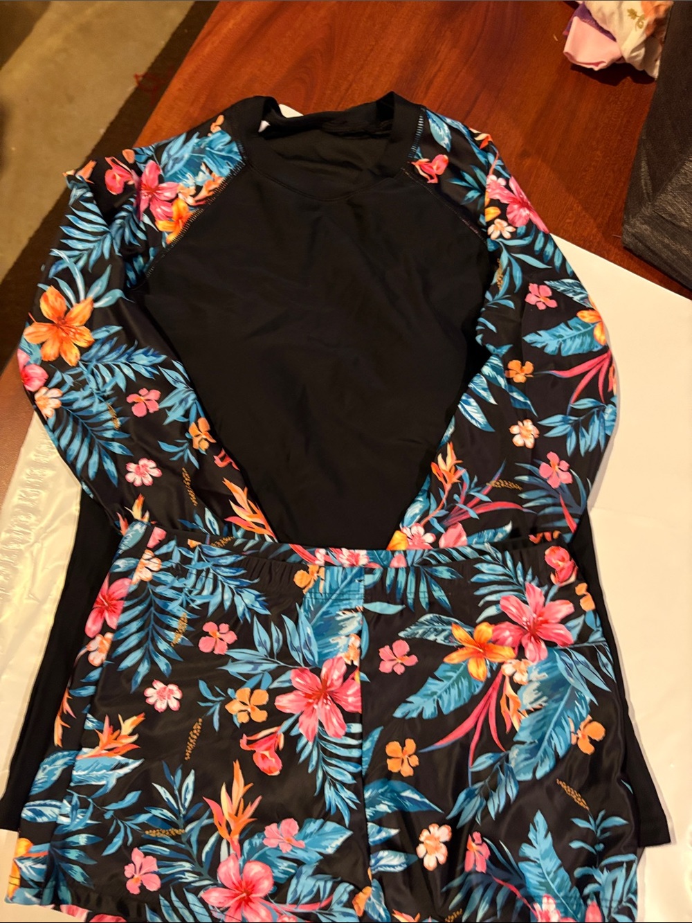 Women’s  Floral Long-Sleeve One-Piece Swimsuit - Black with Tropical Print
